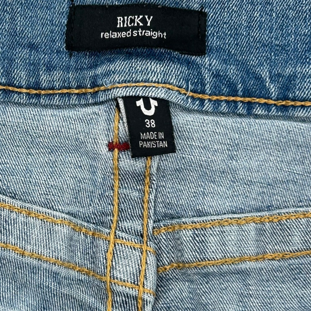 True Religion Ricky Relaxed Straight Blue Denim Jeans Mens 38x32 Horseshoe Flap - Picture 2 of 6
